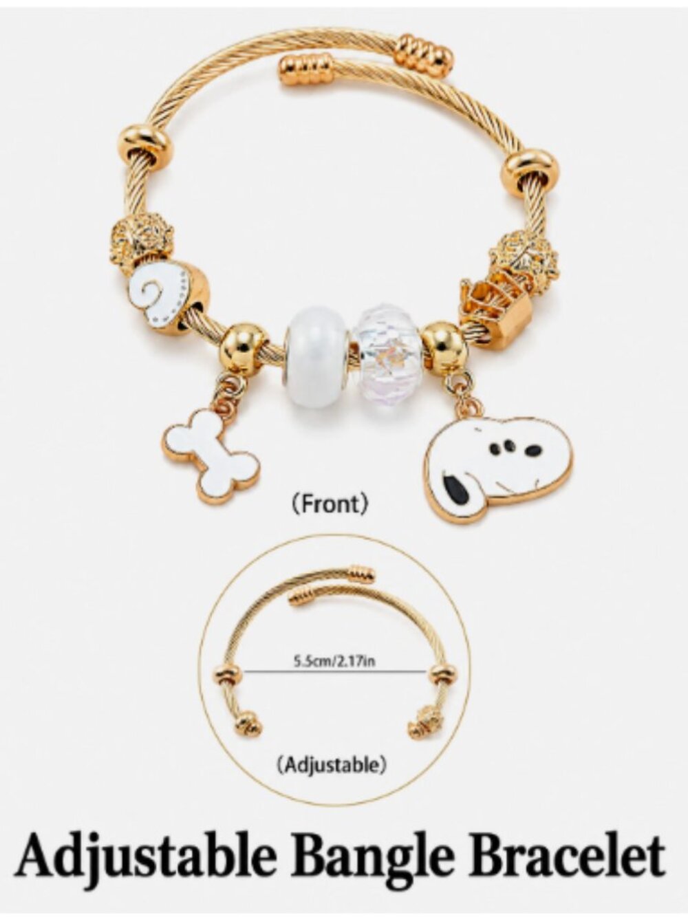 Adjustable Snoopys Dog European-style Beaded Charm Wire Bangle Bracelet Pendant